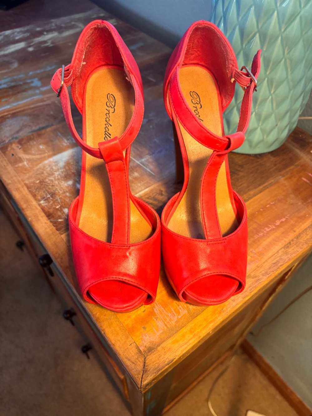 Reddish Pink T-Strap Peep-Toe Heels - Women's